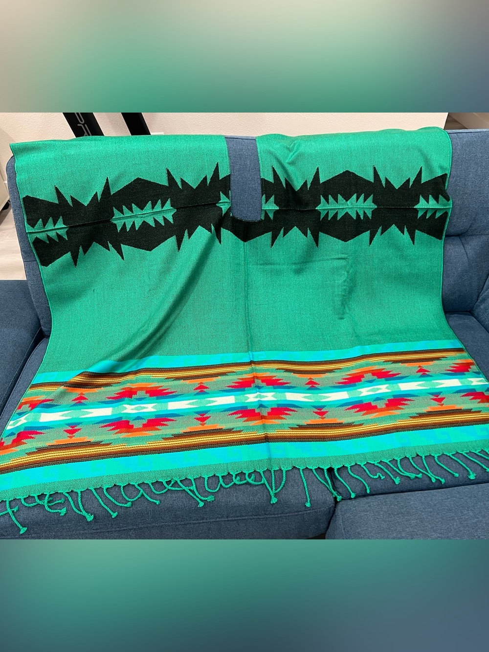 Native Green Turquoise Black Patterned Woven Wrap Scarf